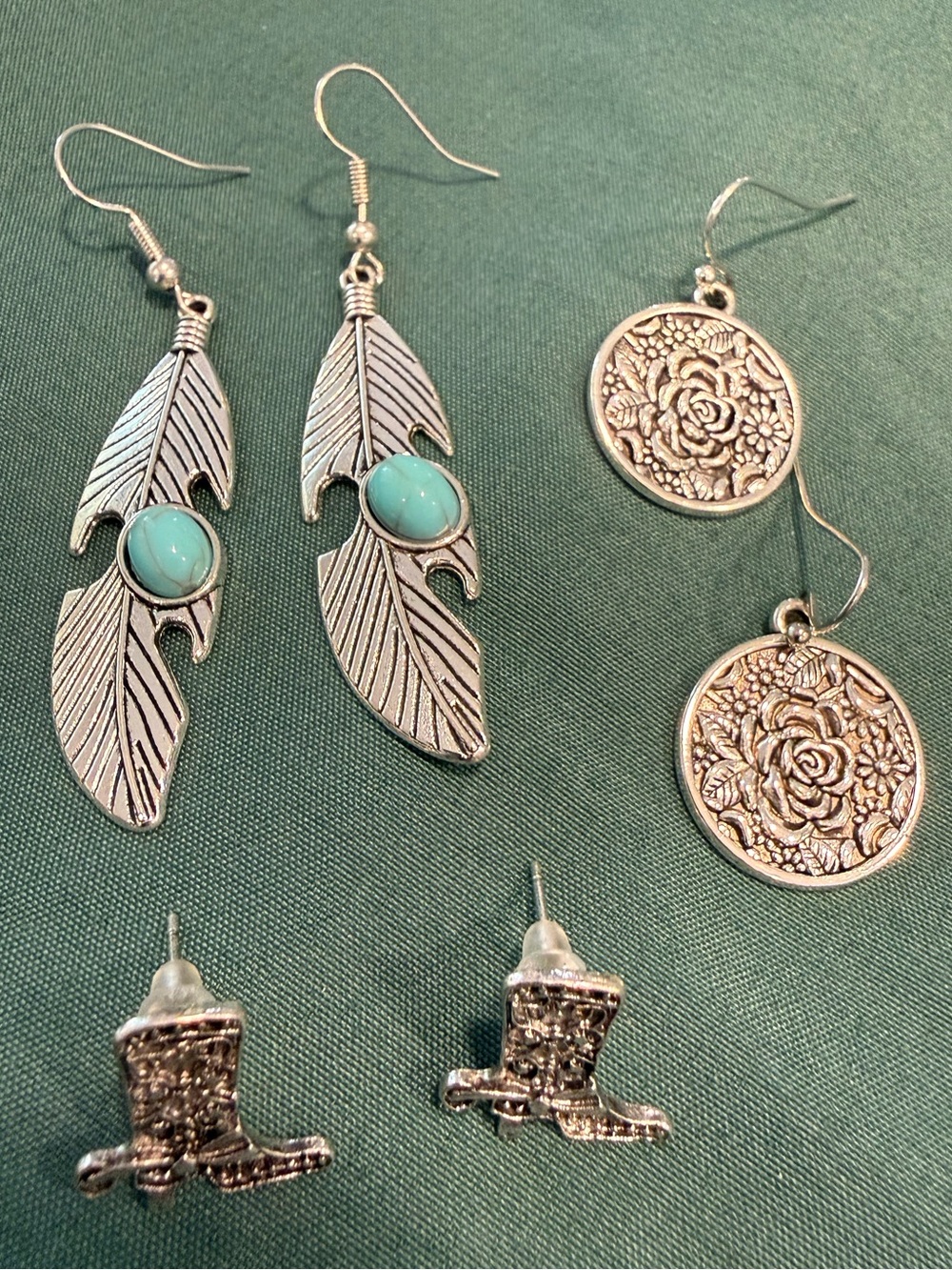 Southwestern earring set drop turquoise feather cowboy boots posts 3 pairs - Picture 1 of 6